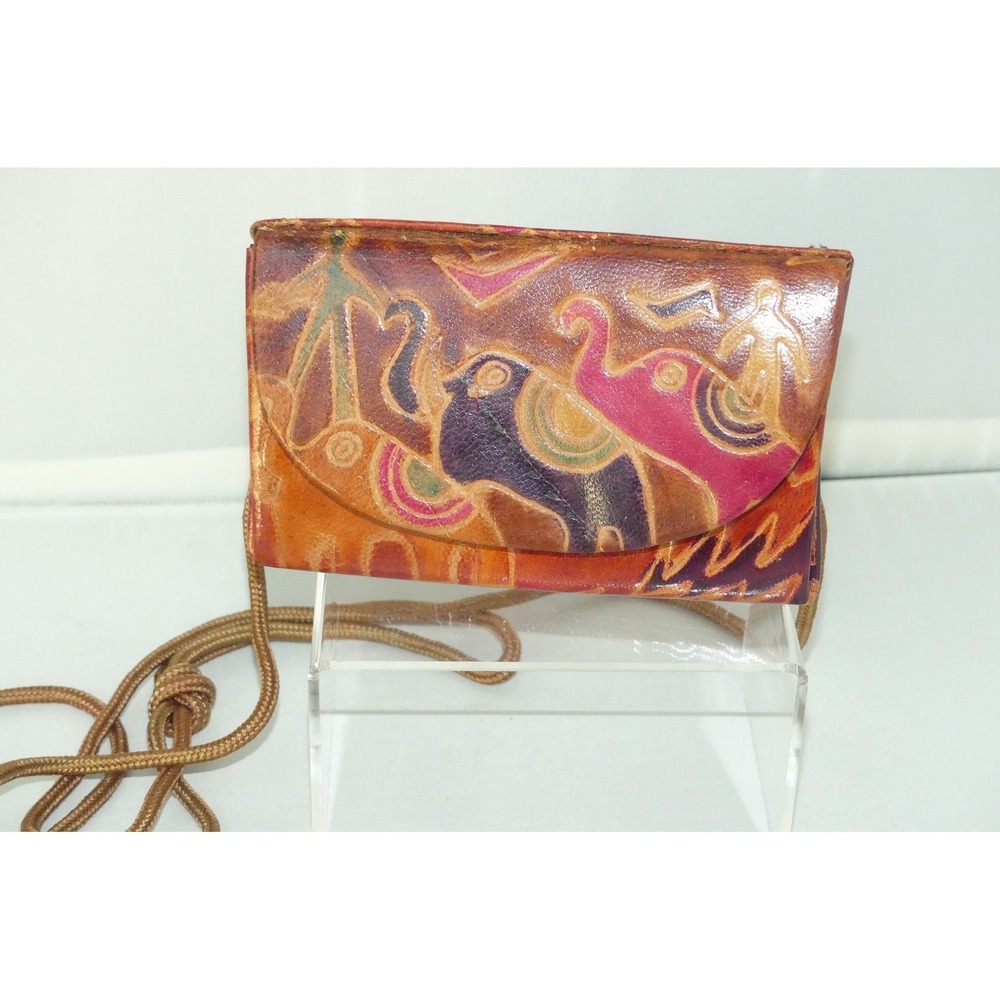 Hand Tooled Leather Elephant Crossbody Mini Bag Wallet Folk Art Multi Color Vtg